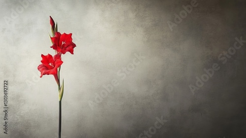 single Gladiolus, standing proudly against a monotonous grey backdrop