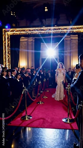 Celebrity arrival on red carpet: glamour, cameras, and flashing lights at starstudded event