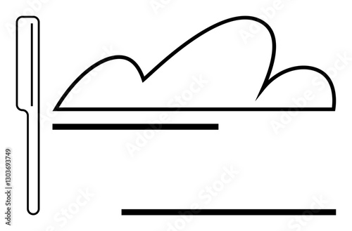 Cloud with horizontal lines representing data syncing near a vertical server. Ideal for tech, data management, cloud computing, IT, backup solutions, digital services, minimal design metaphor