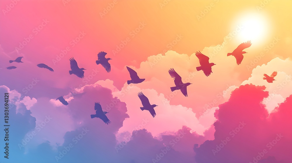 Vibrant sunset sky filled with birds in graceful flight picture Vibrant sunset sky filled with birds in graceful flight picture