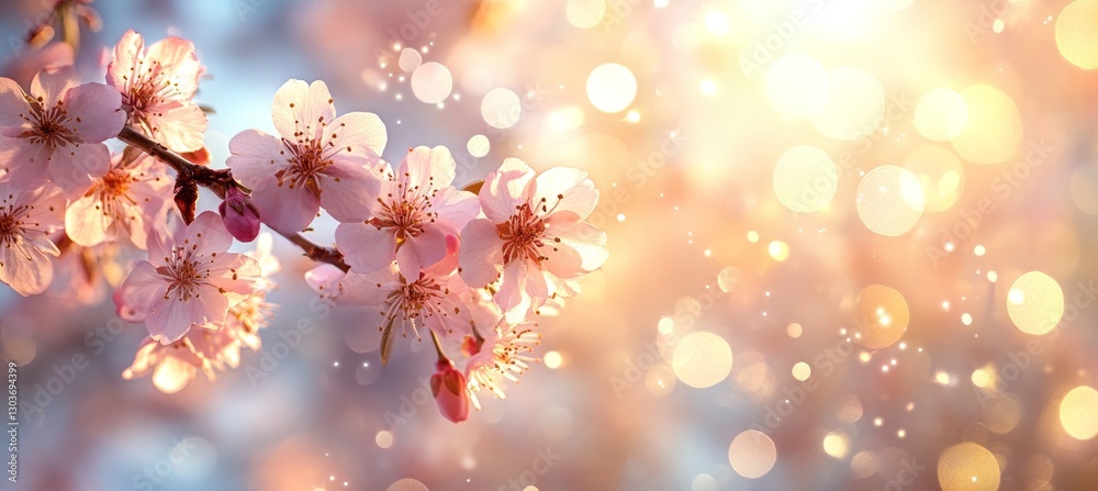 Beautiful spring nature background. Blooming tree branches with pink flowers, bokeh and sun light Beautiful spring nature background. Blooming tree branches with pink flowers, bokeh and sun light