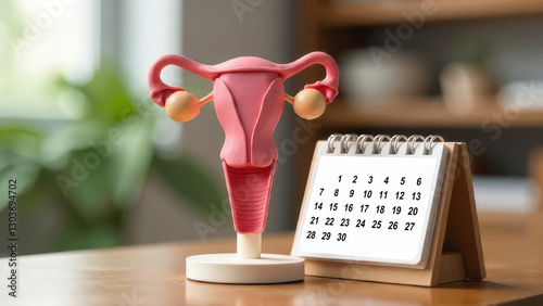 A calendar and a female reproductive system model are arranged on a wooden table. Concept of: Menstrual cycle tracking.
