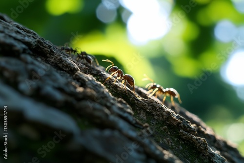 Ants on tree bark, sunlight, forest background, nature detail, close-up image photo
