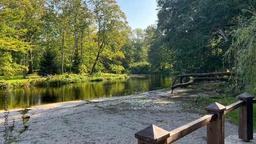 A picturesque corner with green trees and reflection on the water surface.