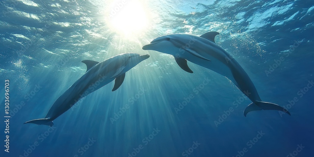 Fototapeta premium Two playful dolphins swim gracefully underwater in the ocean, sun rays shining through the surface.