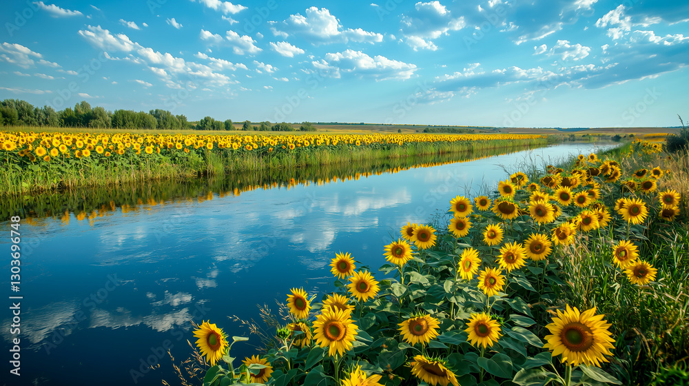 Obraz premium Vibrant sunflowers line a waterway under a sky of blue, offering a serene and bright view of nature's beauty in bloom. 