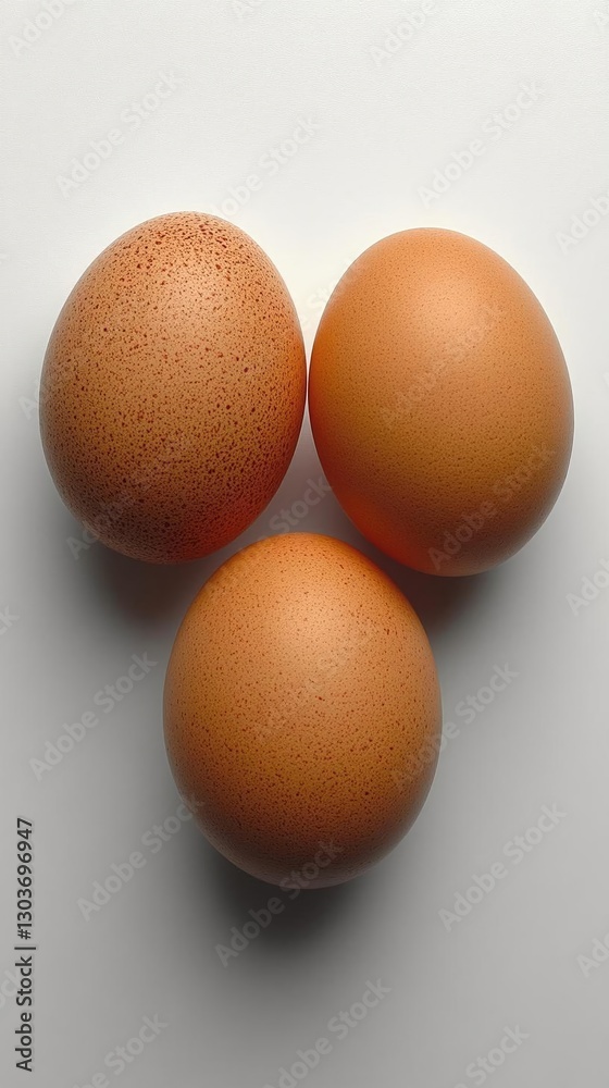 Three brown eggs arranged in a triangular formation on a smooth white surface Three brown eggs arranged in a triangular formation on a smooth white surface