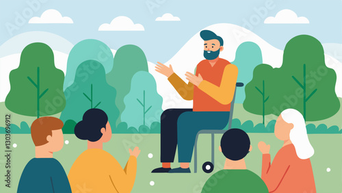 Storytelling Event A public storytelling event in a serene park setting where a storyteller uses an assistive device to engage an audience with clapping hands and smiles all