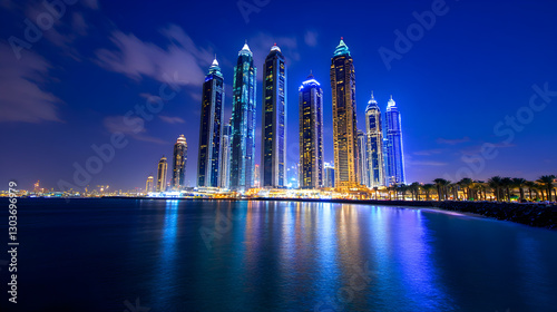A mesmerizing twilight cityscape featuring illuminated skyscrapers reflecting on a tranquil body of water, creating a serene and vibrant atmosphere that captures the essence of urban beauty.