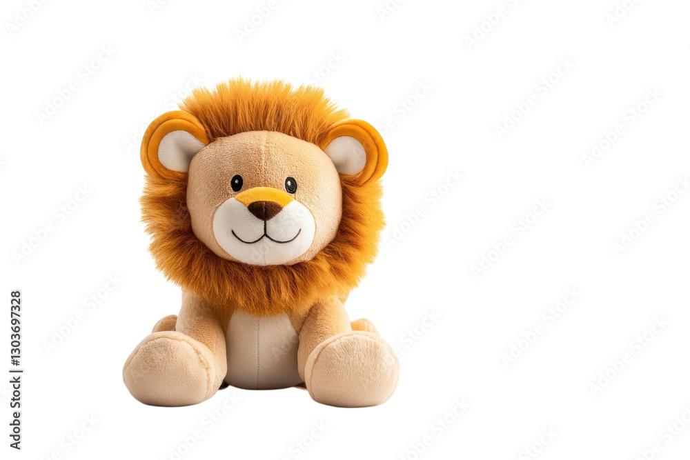 Playful plush lion toy sitting on a clean white surface with a charming expression and soft fur isolated on transparent background