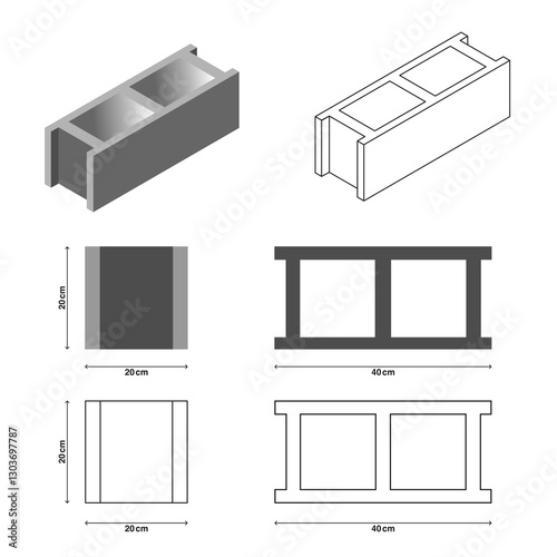 isometric 3d concrete hollow brick block with brick dimension flat plan illustration,outline and fill,40 cm length,20cm height and 20 cm width plan view photo