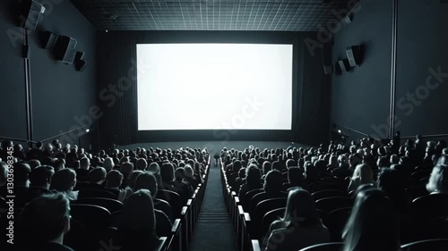 Movie theater full audience watching empty screen.  Possible use Stock photo of cinema experience