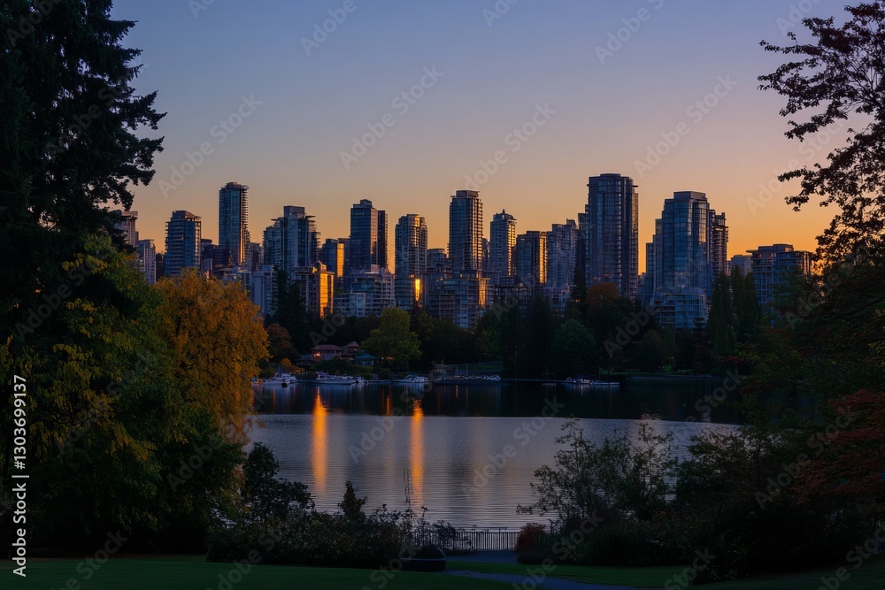 Obraz premium Stunning Cityscape Sunset Golden Hour Urban Skyline Modern Architecture Beautiful Buildings Peaceful Lake Waterfront Evening Twilight Serene Nature 