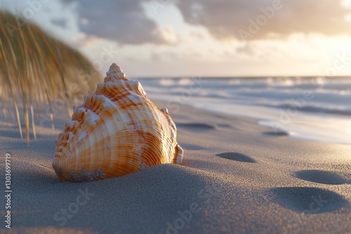 Seashell on Sandy Beach at Sunset