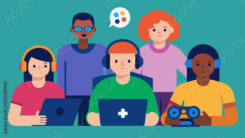 Supportive Online Community A group of diverse gamers with disabilities chatting and playing together online showcasing camaraderie and inclusivity in gaming.