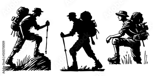 Silhouette of a climber man with backpack. Extreme mountaineer climbing on cliff. For sport, outdoor activity, risk, alpinist set.

