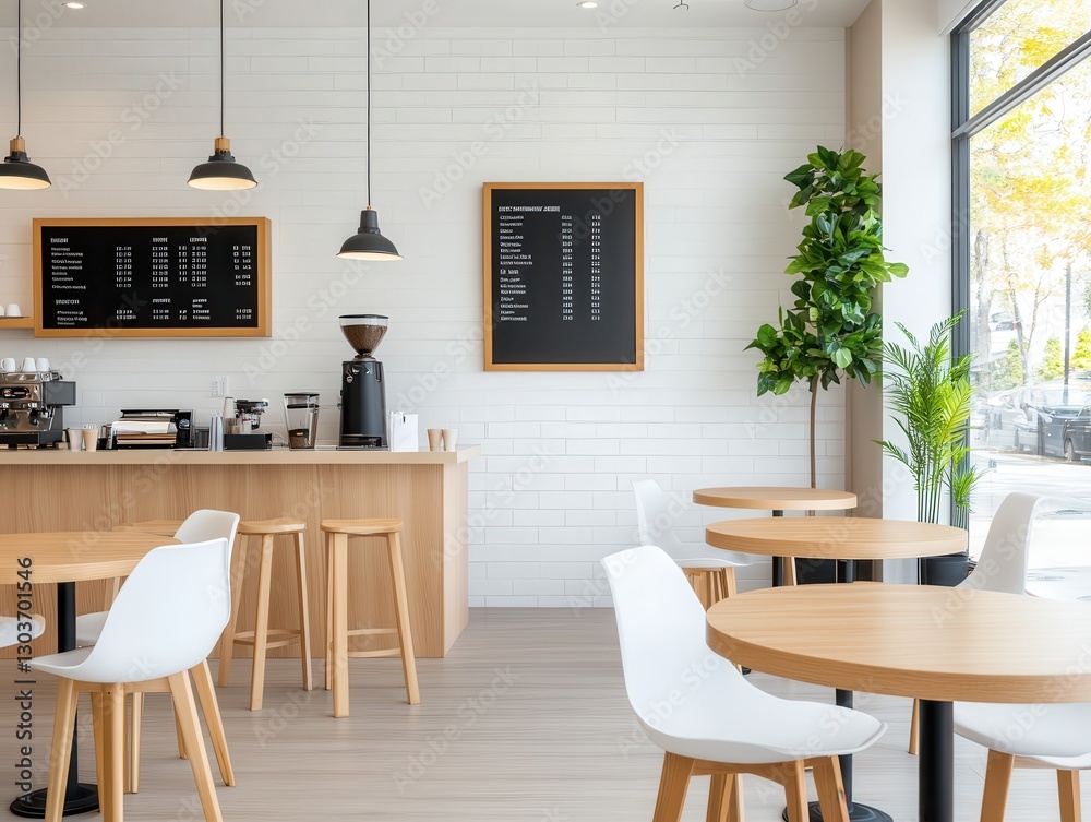 Fototapeta premium Modern coffee shop interior with minimalistic design and menu display