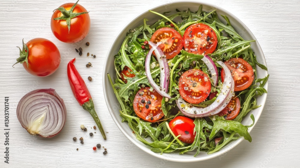 Fresh tomato salad recipe kitchen table food photography bright environment top view healthy eating concept Fresh tomato salad recipe kitchen table food photography bright environment top view healthy eating concept