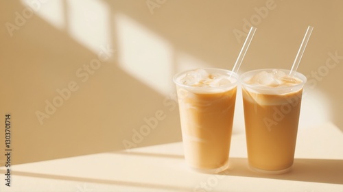 Iced coffee drinks, sunlight shadows, aesthetic photo