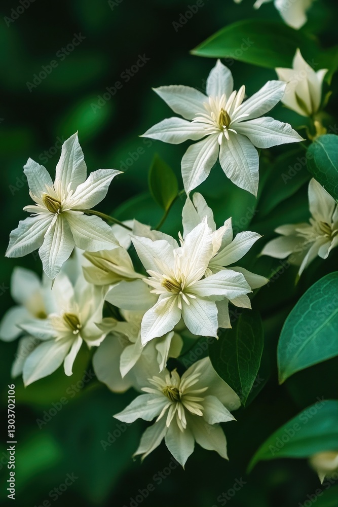 Sweet Autumn Clematis, showcasing the blossoming white petals clustered together against rich green leaves Sweet Autumn Clematis, showcasing the blossoming white petals clustered together against rich green leaves