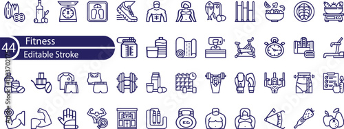 Fitness Line Editable Icons set. Vector illustration in modern thin line style of sport related icons: types of physical activity, proper nutrition, and sports equipment.