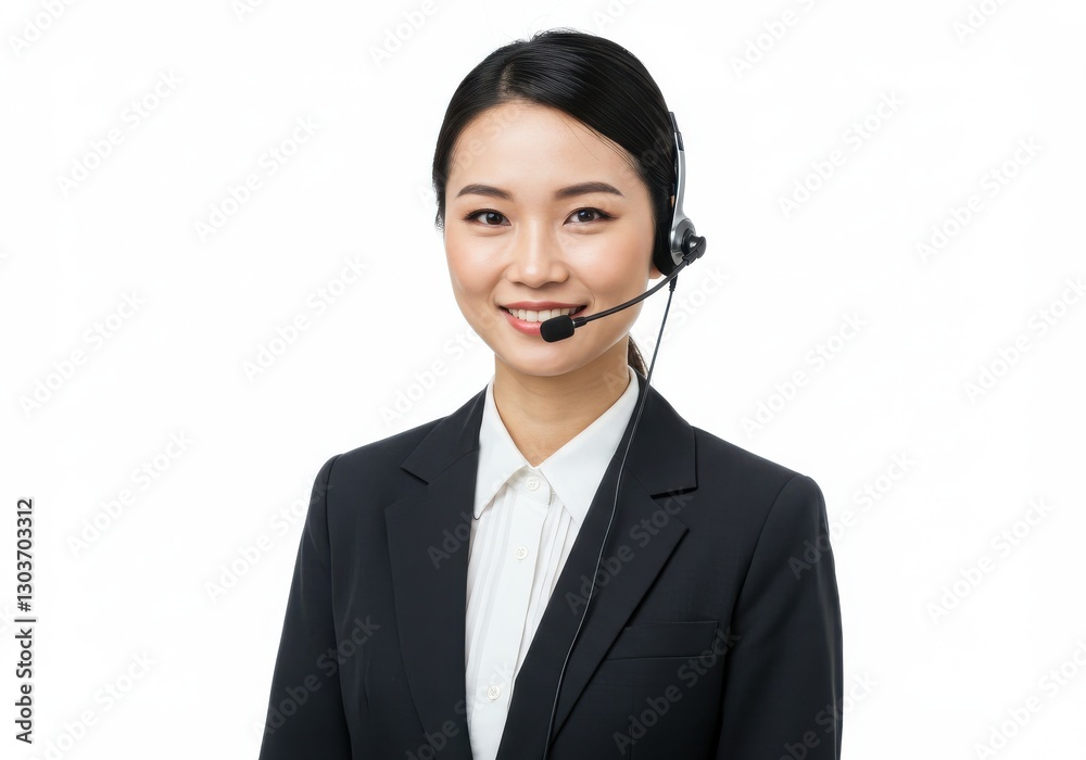 Asian woman customer service representative with headset and friendly smile isolated on white background Asian woman customer service representative with headset and friendly smile isolated on white background