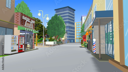 2Dアニメーションに最適な背景画像です（商店街と公園の青空バージョン）