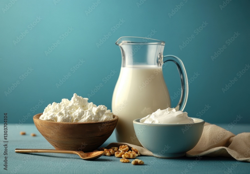 Fresh dairy products displayed on a blue background with cottage cheese in a wooden bowl, milk in a pitcher, and whipped cream in a bowl on a textured surface Fresh dairy products displayed on a blue background with cottage cheese in a wooden bowl, milk in a pitcher, and whipped cream in a bowl on a textured surface