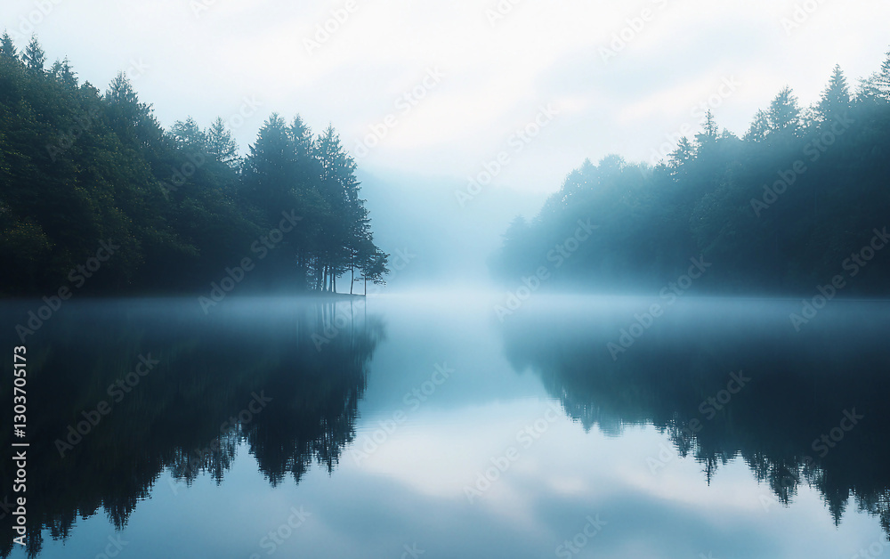 Foggy forest with a lake in the background Foggy forest with a lake in the background