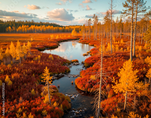 Autumn muskeg in Canada with cranberry bogs. Vibrant red contrasts against golden tamarack in a vast wetland