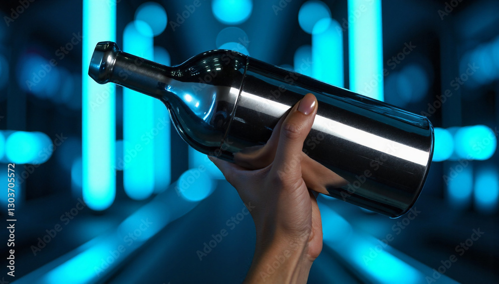 Fototapeta premium Hand holding cocktail shaker against neon blue background