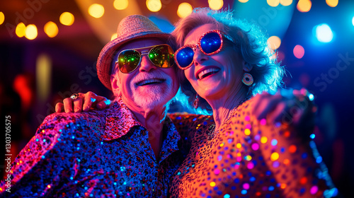 Active elderly couple dancing joyfully in colorful outfits and stylish sunglasses at a vibrant party