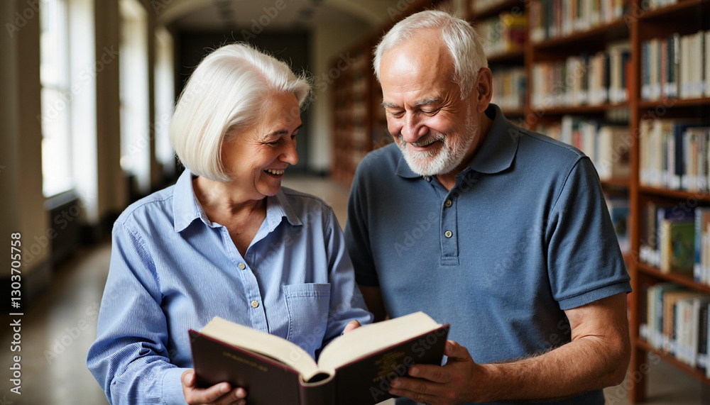 Fototapeta premium Smiling elderly couple reading together in library