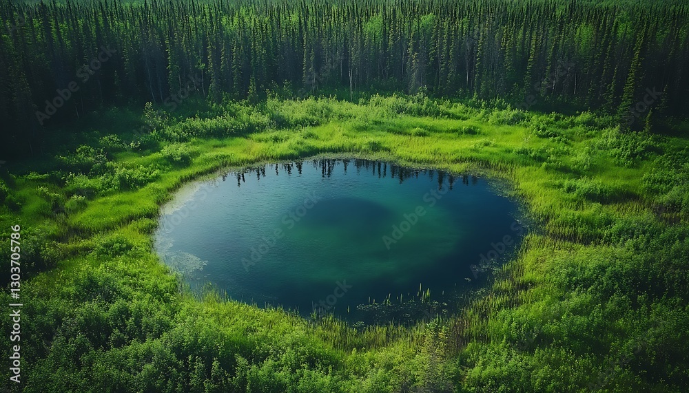 Fototapeta premium Calm pond reflects forest in grassy clearing