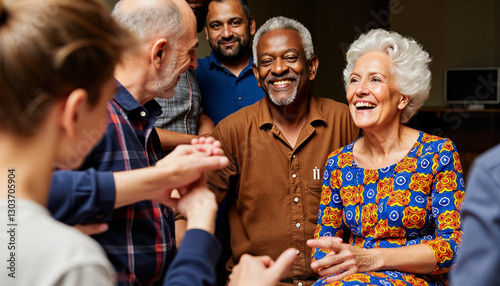 Happy seniors laughing together in a casual indoor setting
