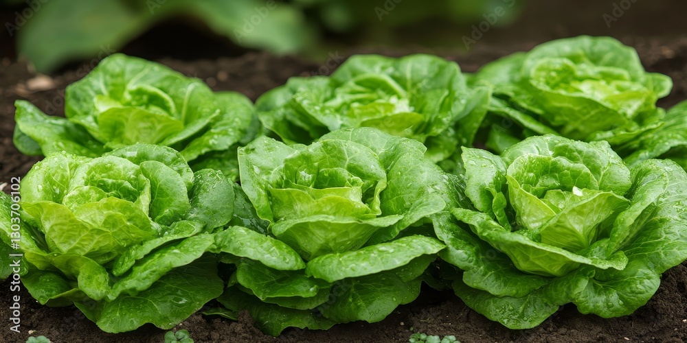 Close-up of Fresh Lettuce Plants Growing in Garden Soil, Sunlight. Healthy Vegetable for Salads. Close-up of Fresh Lettuce Plants Growing in Garden Soil, Sunlight. Healthy Vegetable for Salads.