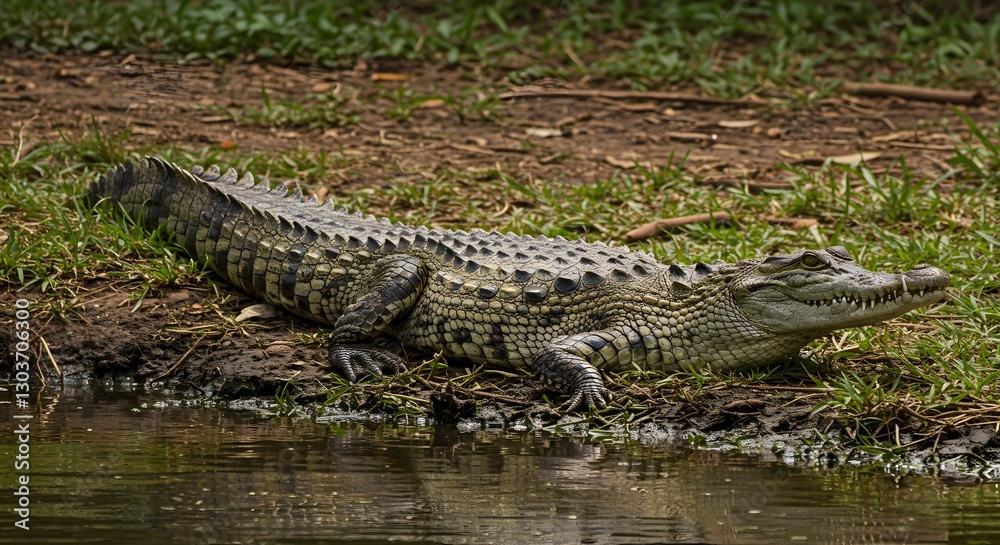 Fototapeta premium Freshwater Crocodile Basking on Riverbank with Natural Riverine Background