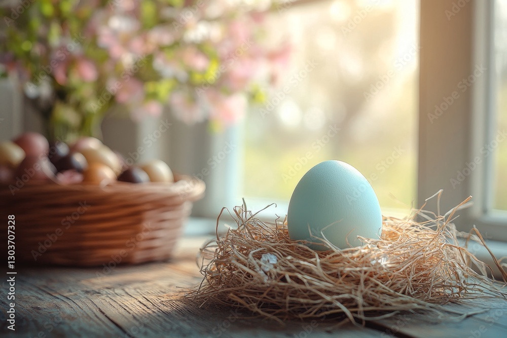 Obraz premium Easter Egg in Nest by Window