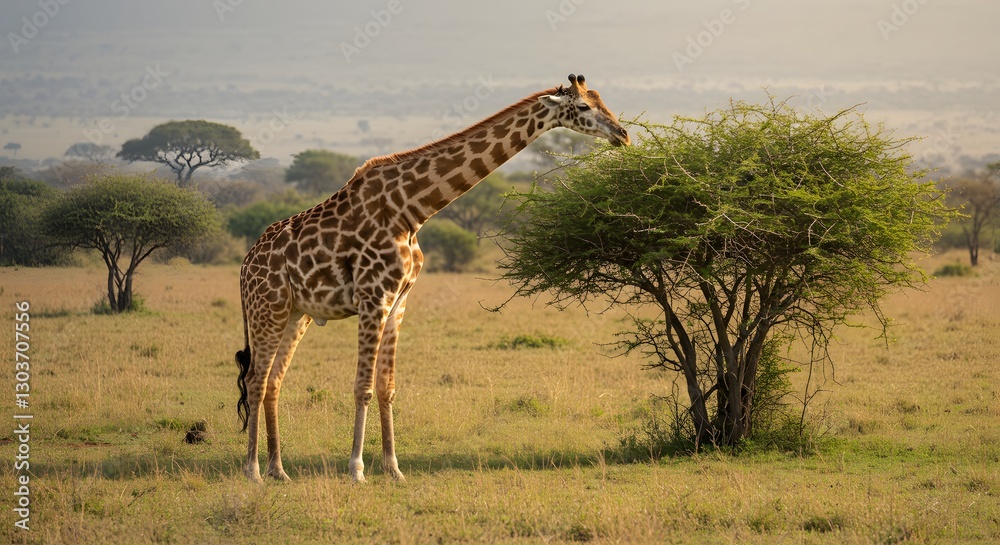 Fototapeta premium Giraffe Grazing on Acacia Trees in African Grasslands with Natural Savanna Background