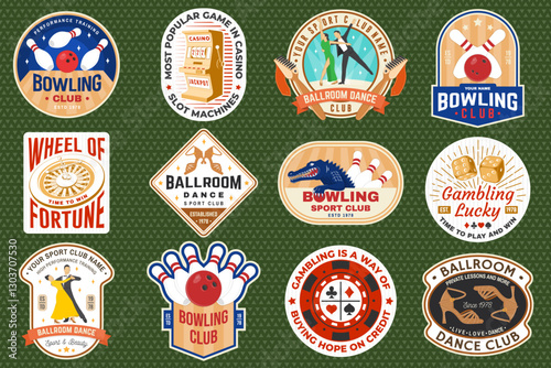 Gambling, ballroom dance and bowling sports club stickers, logos, badges, patch. Stikers with ballroom dancing couple, wheel of fortune, two dice, bowling pins and ball. Vector.