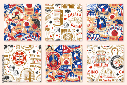 Gambling, casino and bowling sports club seamless pattern. Background, wallpaper, seamless pattern with bowling pins, crocodile, eagle, ball, wheel of fortune, two dice and skeleton hand holding