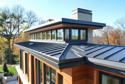 Modern home with dark metal roof and large windows. Showcase contemporary architecture and roofing design for real estate or construction.
