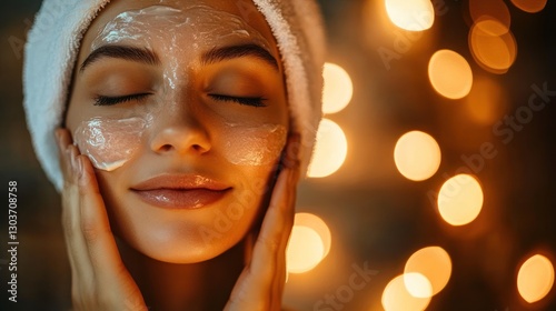 Woman applying facial mask, serene, home spa photo