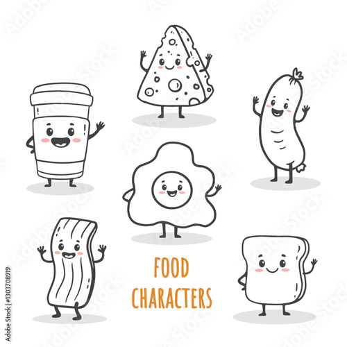 set of cartoon food characters isolated on white. Cup of coffee, fried egg, piece of bread, bacon, sausage and cheese in doodle style. Vector illustration