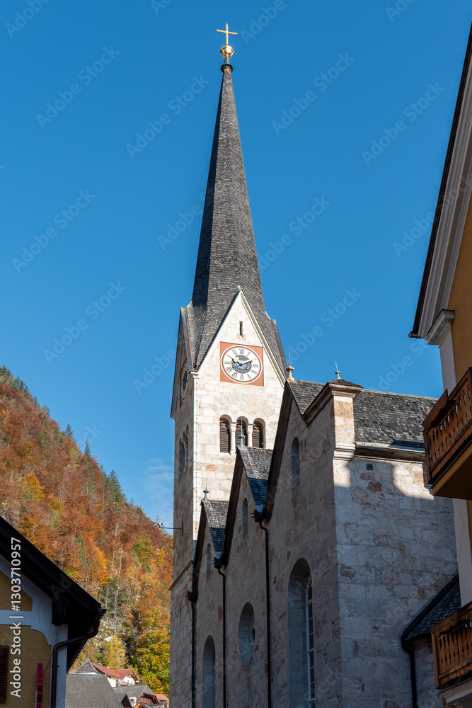Fototapeta premium Hallstatt – a picturesque village, a magical lake and the oldest salt mines in the world. It is located in the inner part of the Salzkammergut Mountains. It is a UNESCO World Heritage Site.