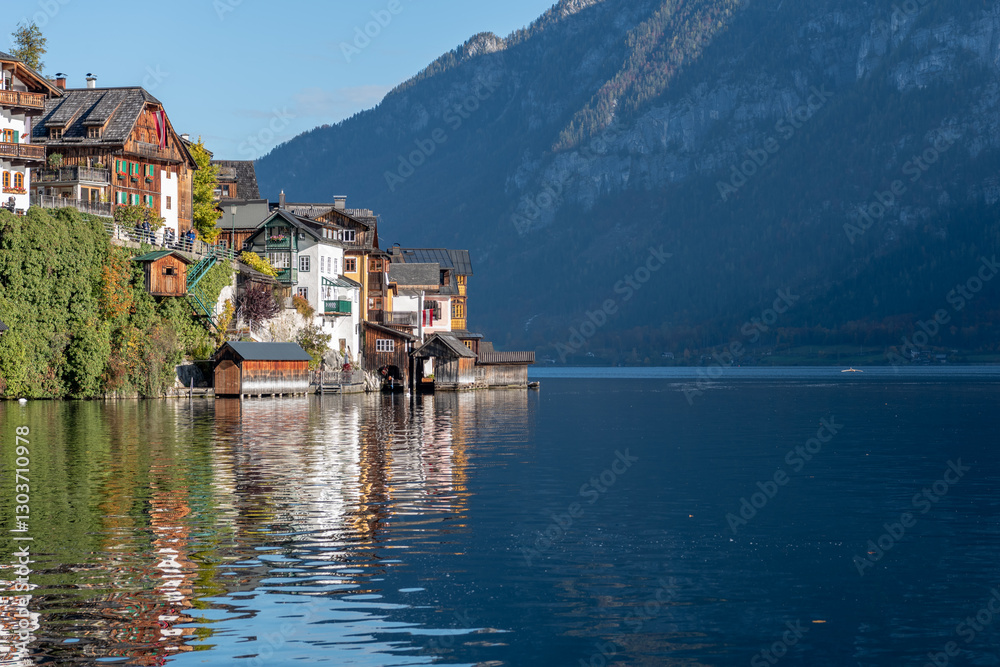 Naklejka premium Hallstatt – a picturesque village, a magical lake and the oldest salt mines in the world. It is located in the inner part of the Salzkammergut Mountains. It is a UNESCO World Heritage Site.