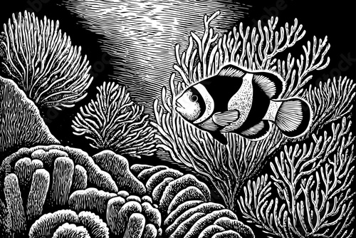 clownfish in under water with coral black and white hand drawn sketch