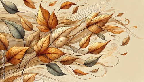 A beautifully detailed illustration of autumn leaves gently swirling in the wind. The warm color palette of golden, orange, and earthy brown hues evokes a cozy seasonal atmosphere. 