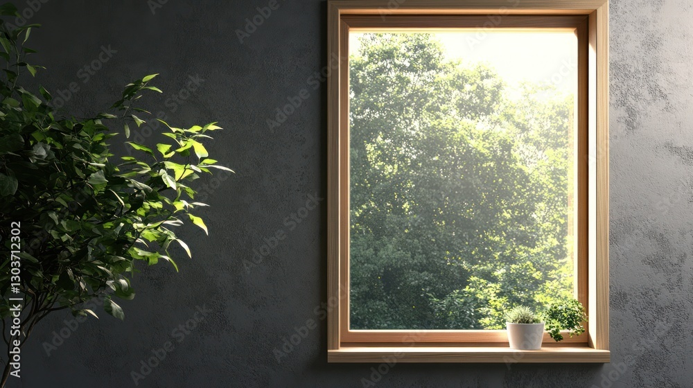 Fototapeta premium Sunlight streams through window, modern interior, plants