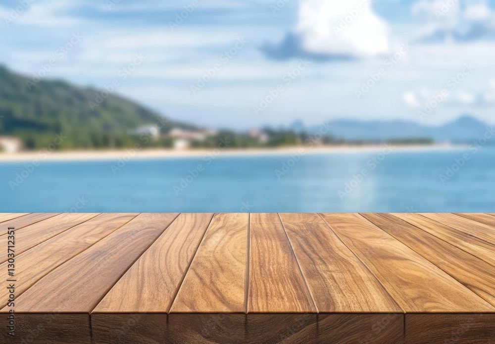 Fototapeta premium Natural Wooden Tabletop with Scenic Ocean Background and Blurred Shoreline View Under Bright Sky for Relaxation and Refreshment Themes